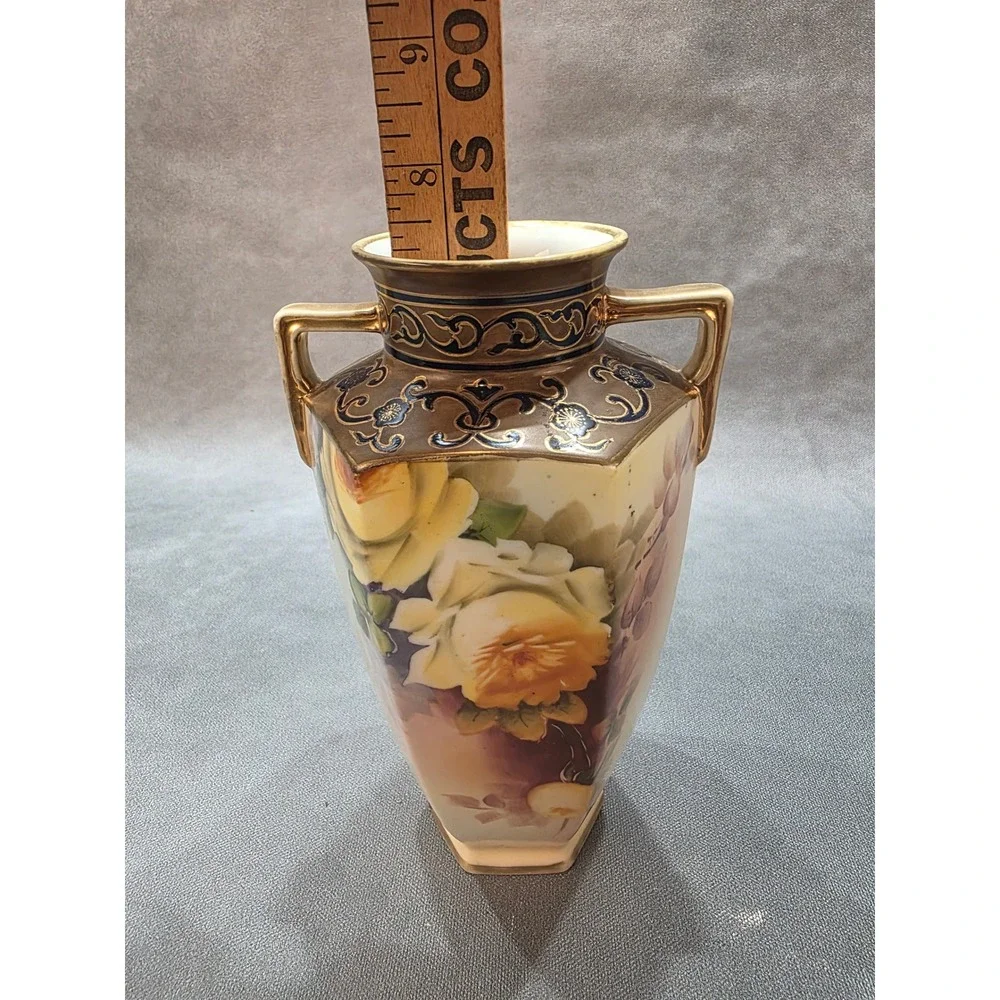 Vintage Noritake‎ Hand Painted Porcelain Vase Hexagon Moriage Gold Rose K Saito